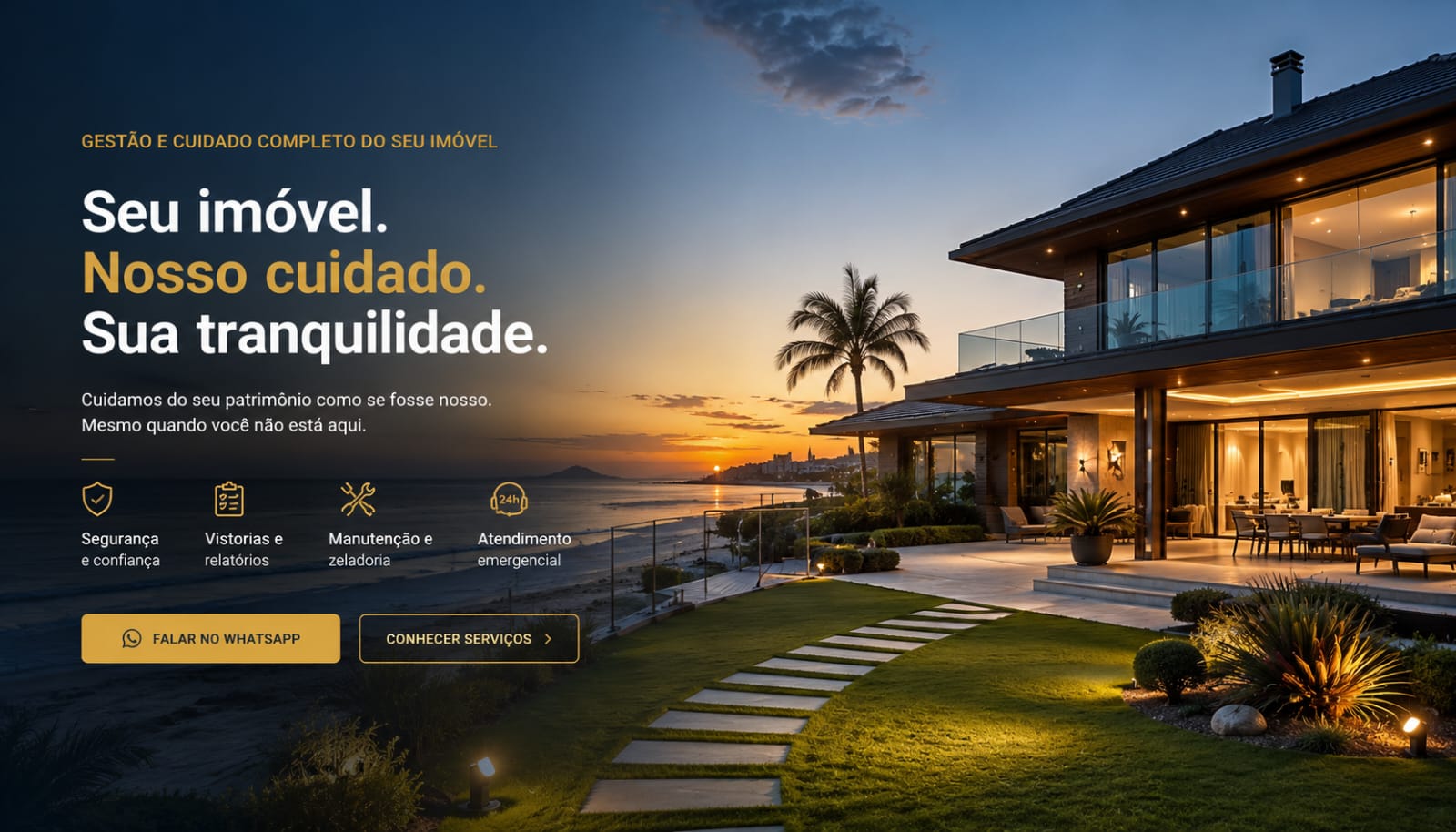 Casa de alto padrão no litoral ao entardecer, cuidada pela Restart Home